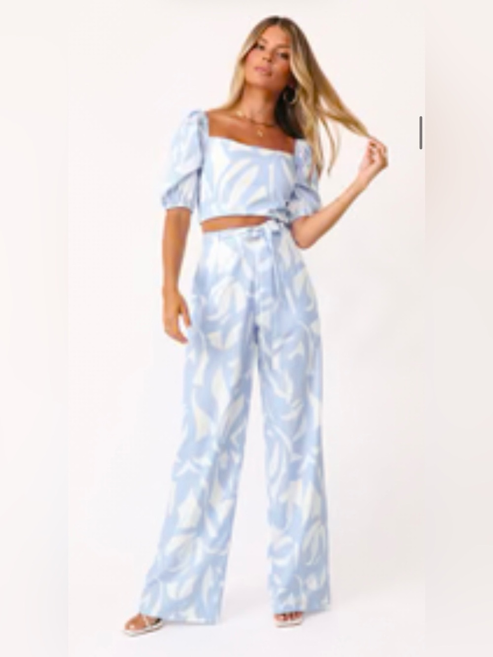 Kittenish brand Blue and White Abstract Print Off-Shoulder Top and pant set